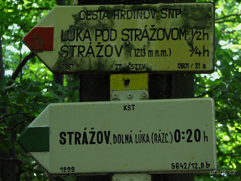 48.JPG - Místní značení je někdy trochu divoké... tak jako okolní příroda. "Lúka pod Strážovom" je to stejné místo jako "Dolná lúka", tak si vyberte jak dlouho půjdete...